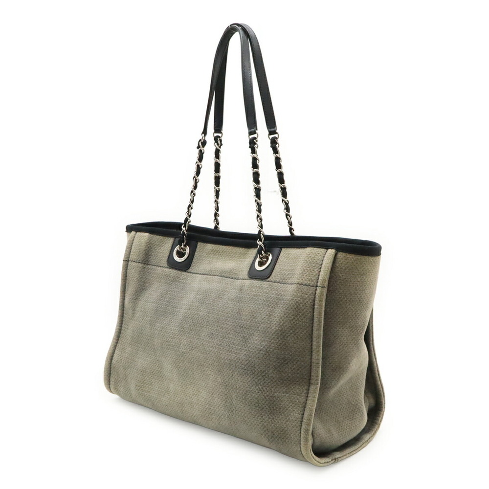 CHANEL Deauville Line Tote MM Bag Shoulder Chain Canvas Leather Gray Black A6... - Picture 3 of 9